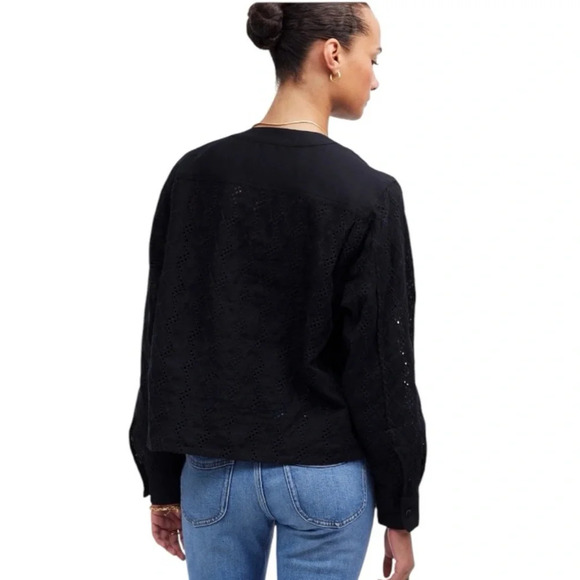 Madewell Linen Long-Sleeve Popover Top in Eyelet Black XS - Picture 8 of 8